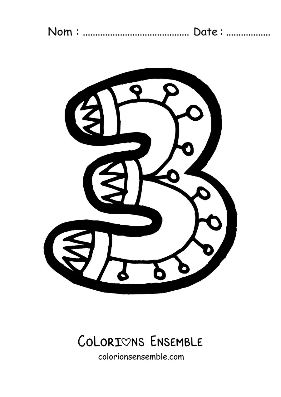 Image à colorier d'un grand chiffre 3 pour les enfants de maternelle