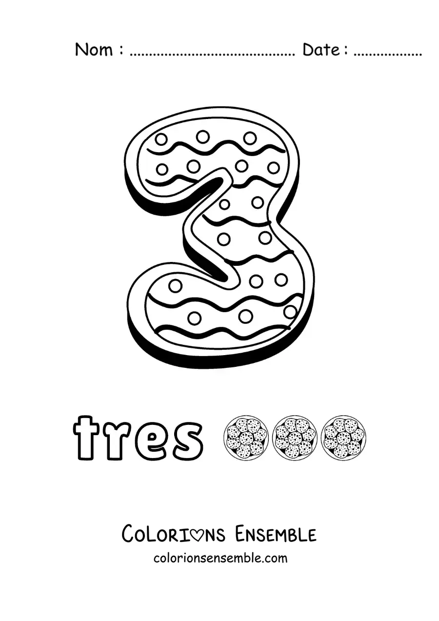 Image à colorier du chiffre 3 animé en forme de biscuit avec des objets à compter