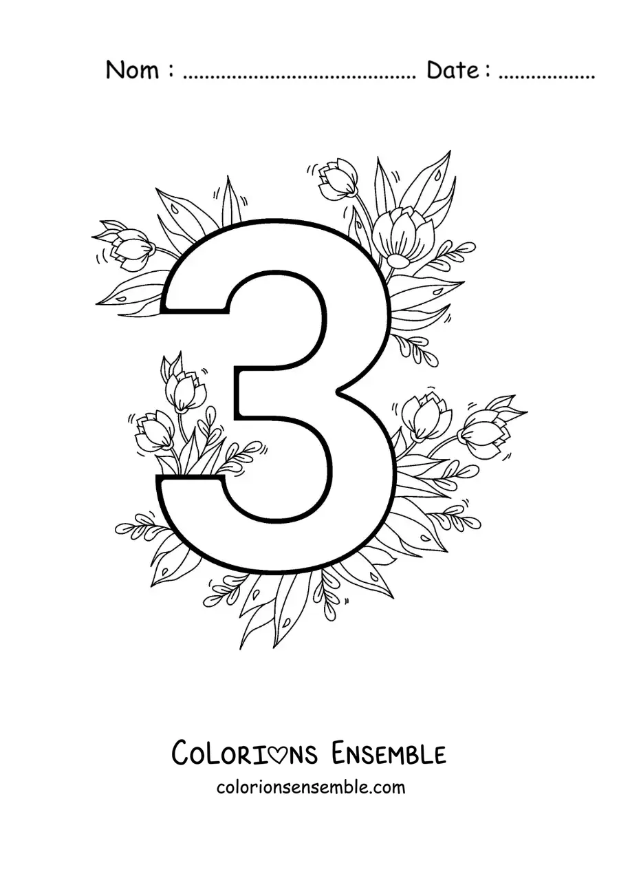 Image à colorier du chiffre 3 décoré de fleurs