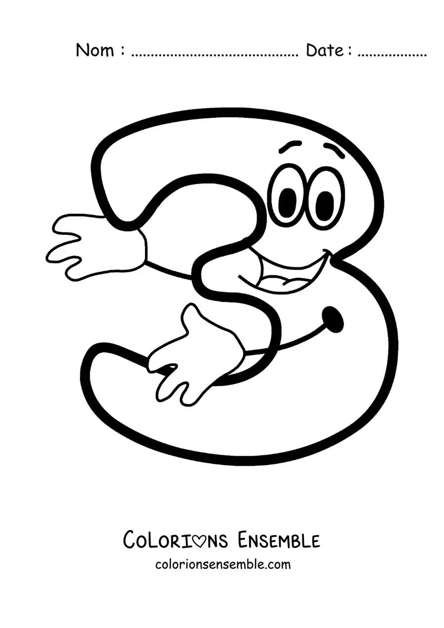 Image à colorier du chiffre 3 animé en train de danser pour les enfants