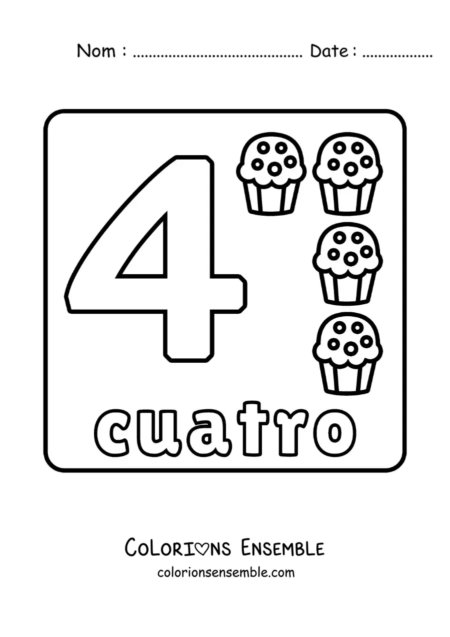 Image à colorier du chiffre 4 avec des objets pour apprendre à compter