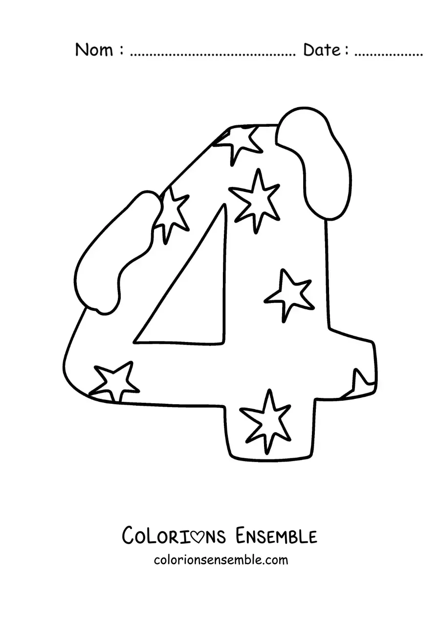Image à colorier du chiffre 4 décoré pour les enfants