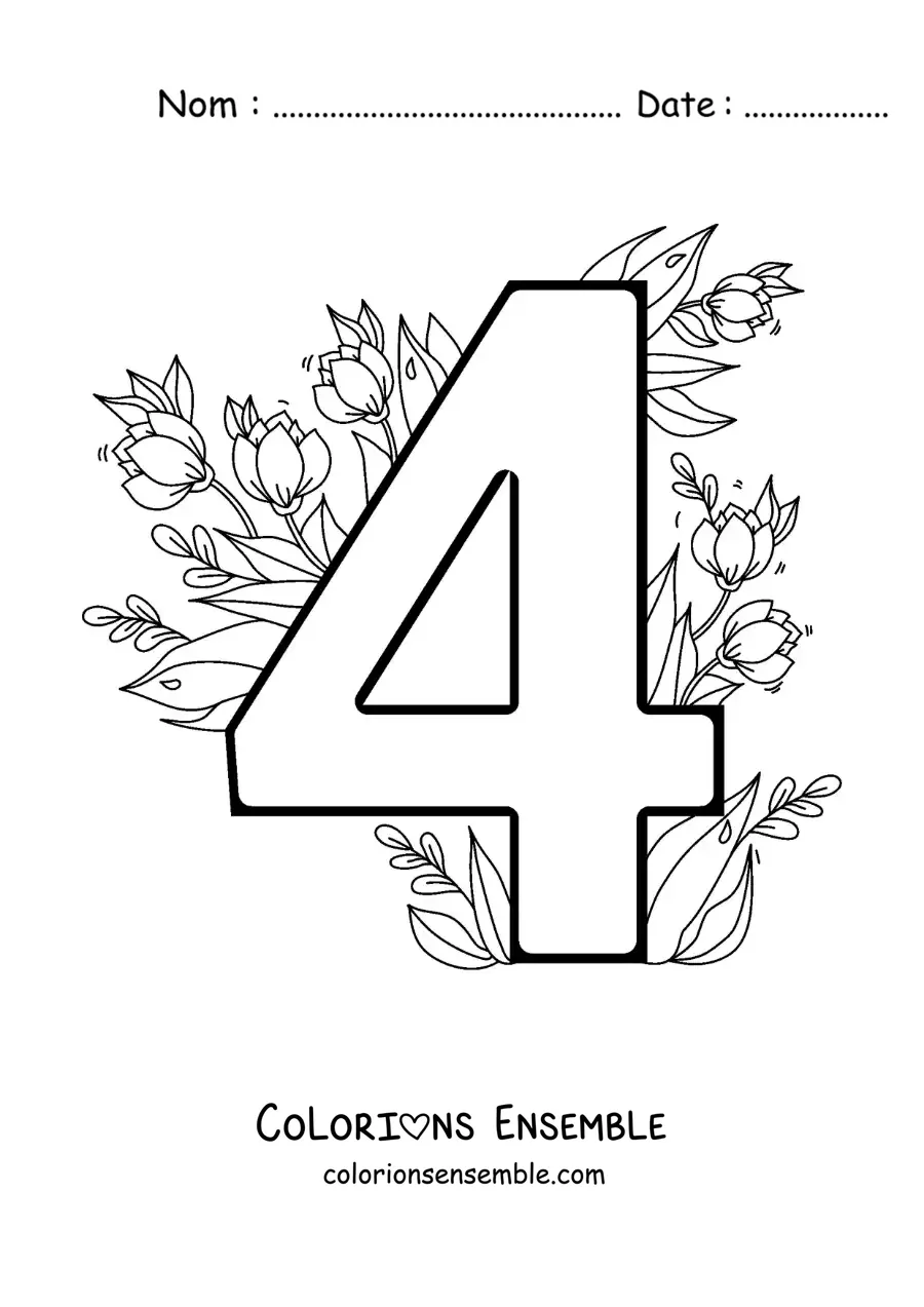 Image à colorier du chiffre 4 décoré de fleurs