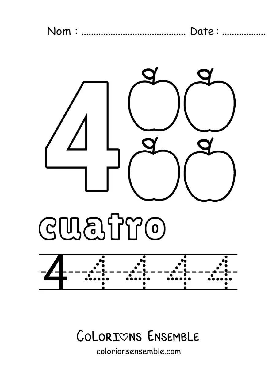 Image à colorier du chiffre 4 avec des objets pour apprendre à compter et à tracer