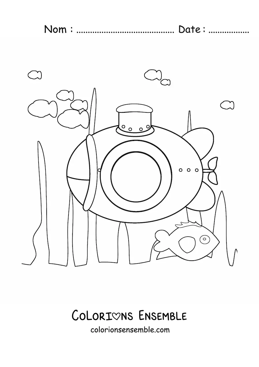 Image à colorier d'un sous-marin parmi les algues au fond de l'océan