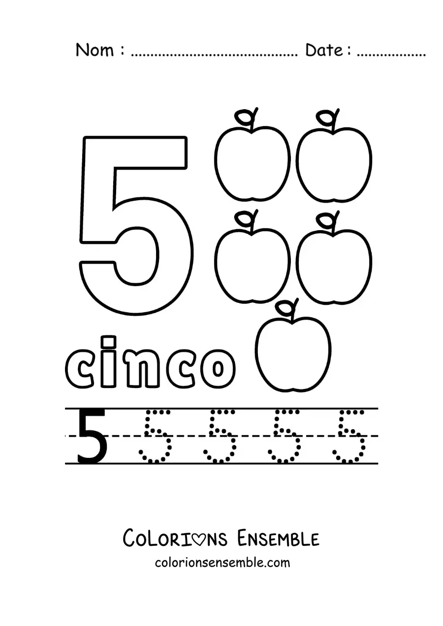 Image à colorier du chiffre 5 avec des objets pour apprendre à compter