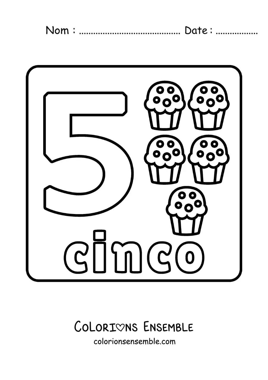 Image à colorier du chiffre 5 avec des objets pour apprendre à compter et à tracer