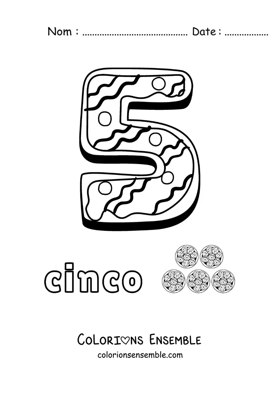 Image à colorier du chiffre 5 animé en forme de biscuit avec des objets à compter