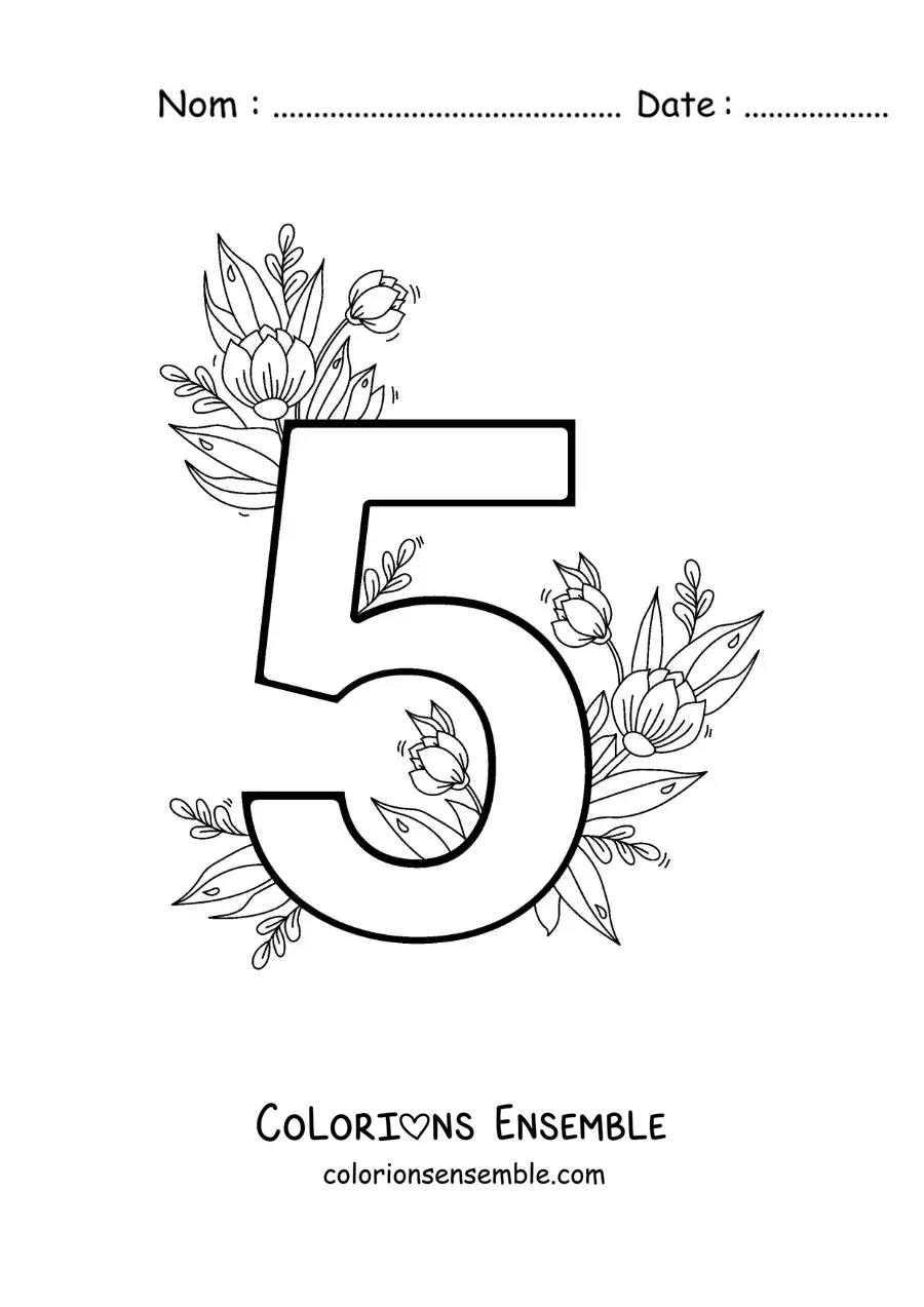 Image à colorier du chiffre 5 décoré de fleurs