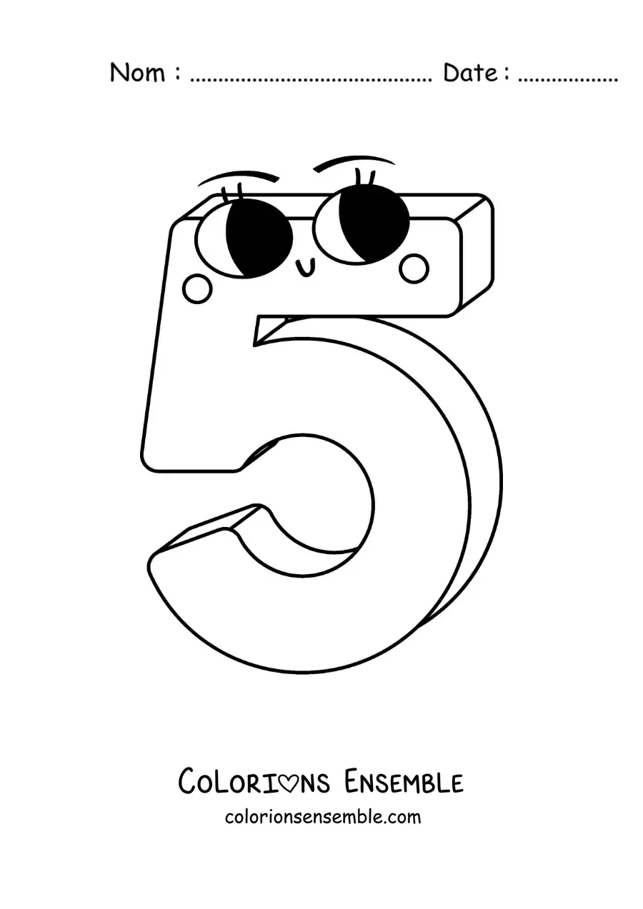 Image à colorier du chiffre 5 animé pour les enfants