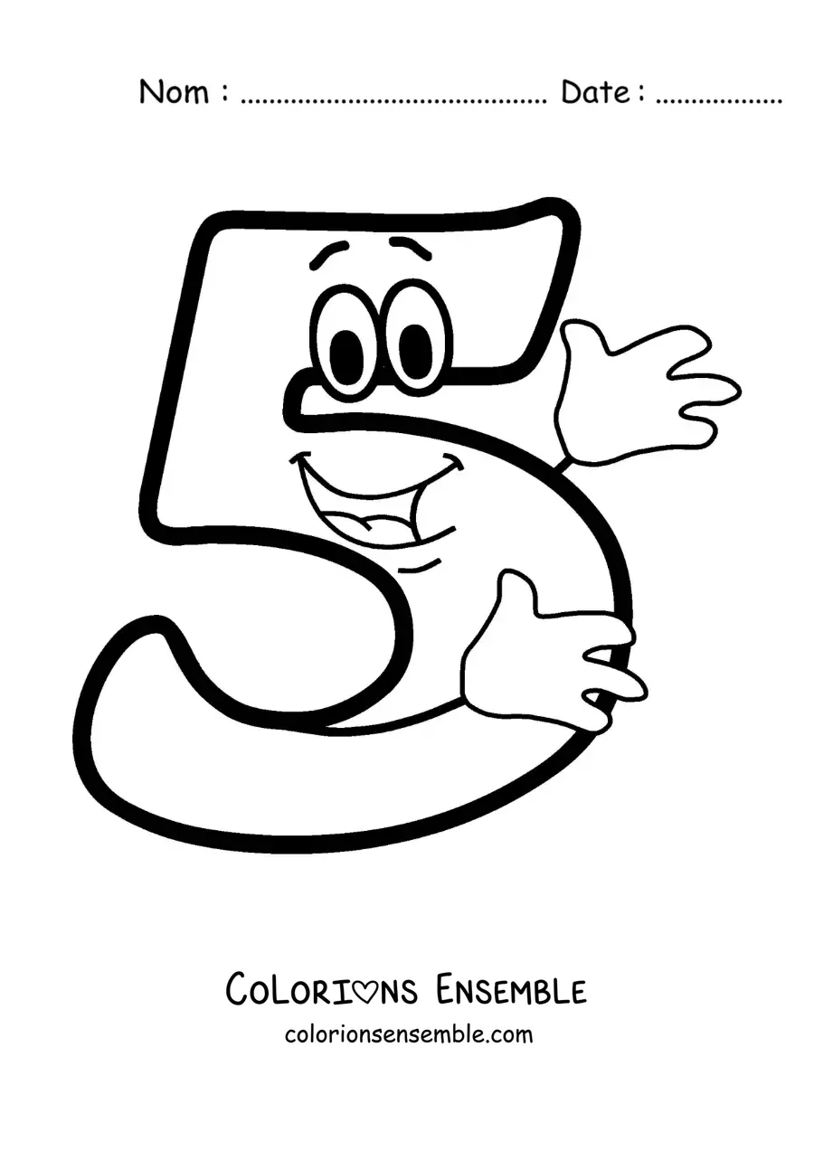 Image à colorier du chiffre 5 animé en train de danser pour les enfants