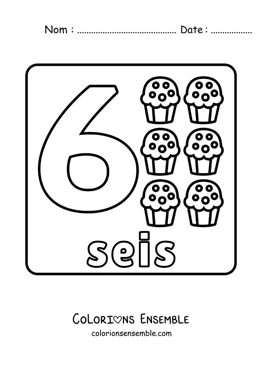 Image à colorier du chiffre 6 avec des objets pour apprendre à compter