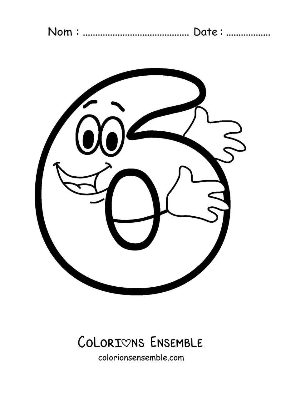 Image à colorier du chiffre 6 animé en train de danser pour les enfants