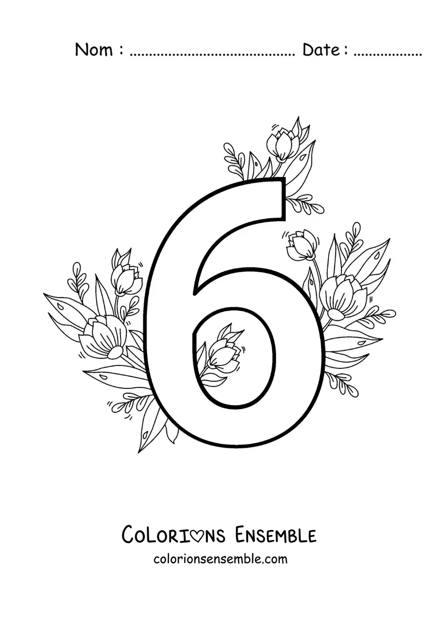 Image à colorier du chiffre 6 décoré de fleurs
