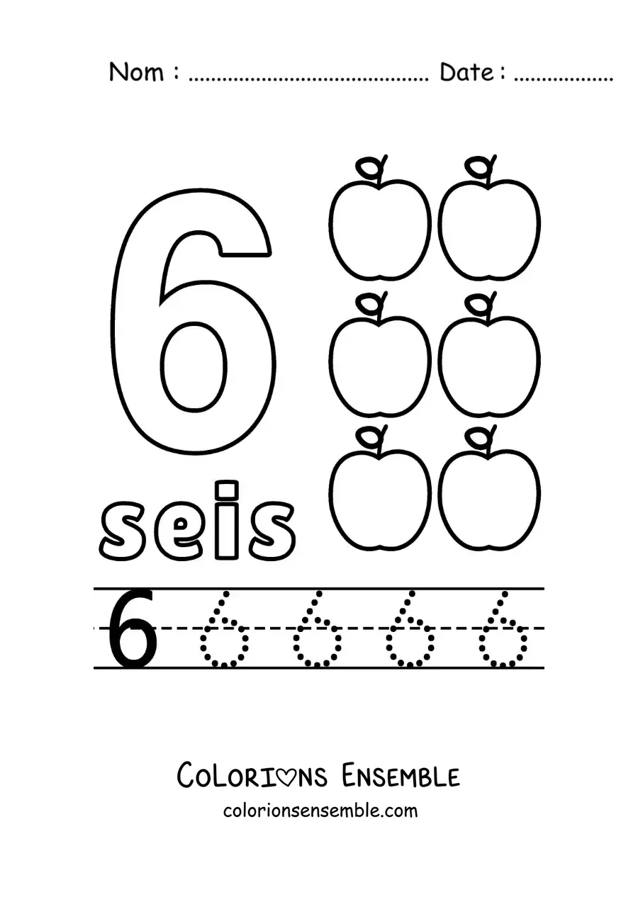 Image à colorier du chiffre 6 avec des objets pour apprendre à compter et à tracer