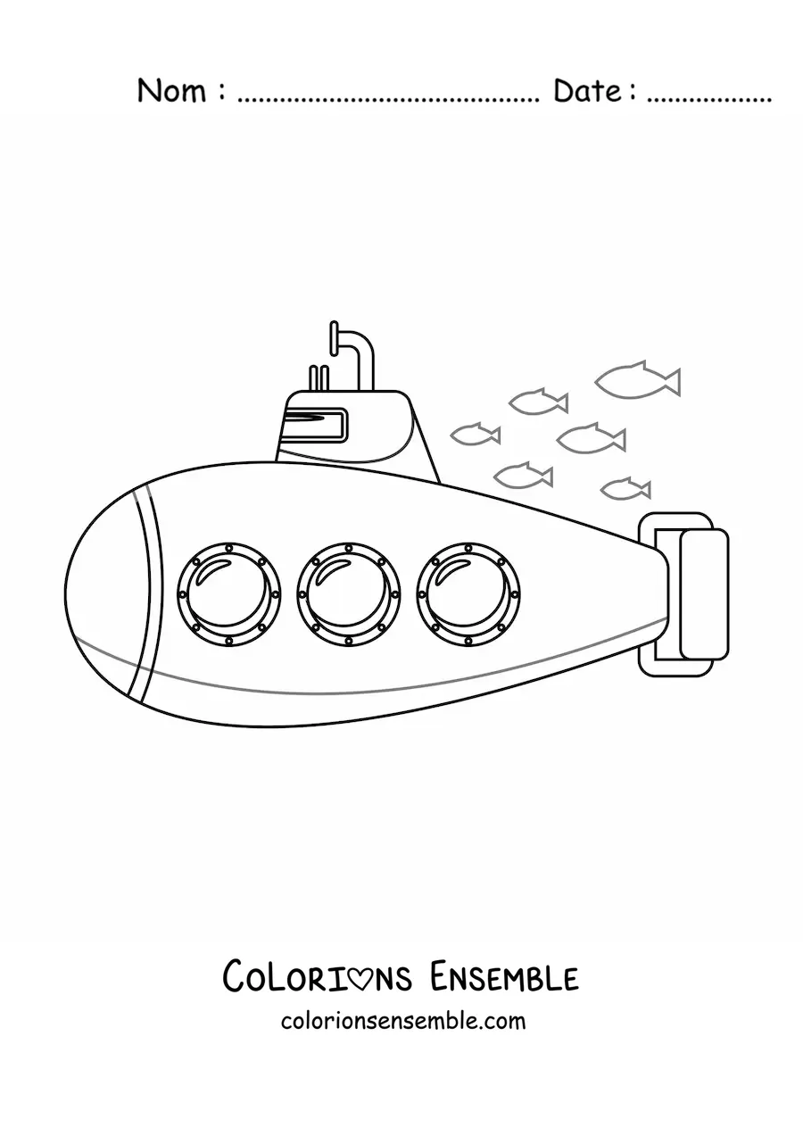 Image à colorier d'un sous-marin à trois hublots à côté d'un banc de poissons