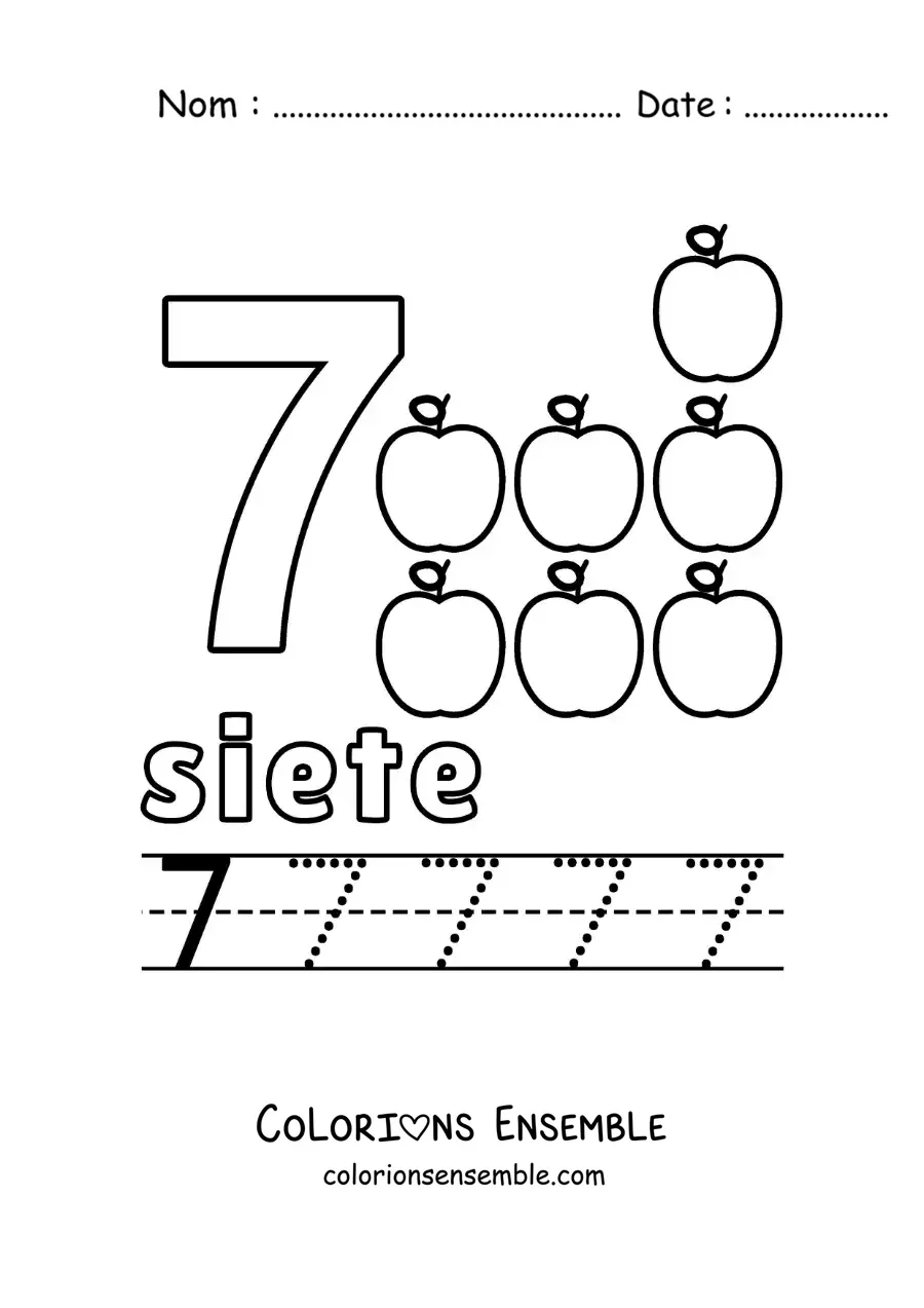 Image à colorier du chiffre 7 avec des objets pour apprendre à compter et à tracer