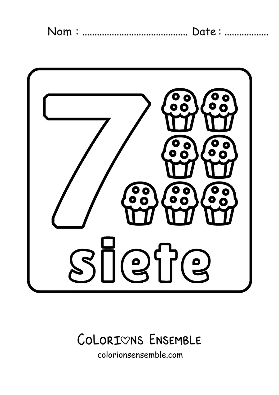 Image à colorier du chiffre 7 avec des objets pour apprendre à compter