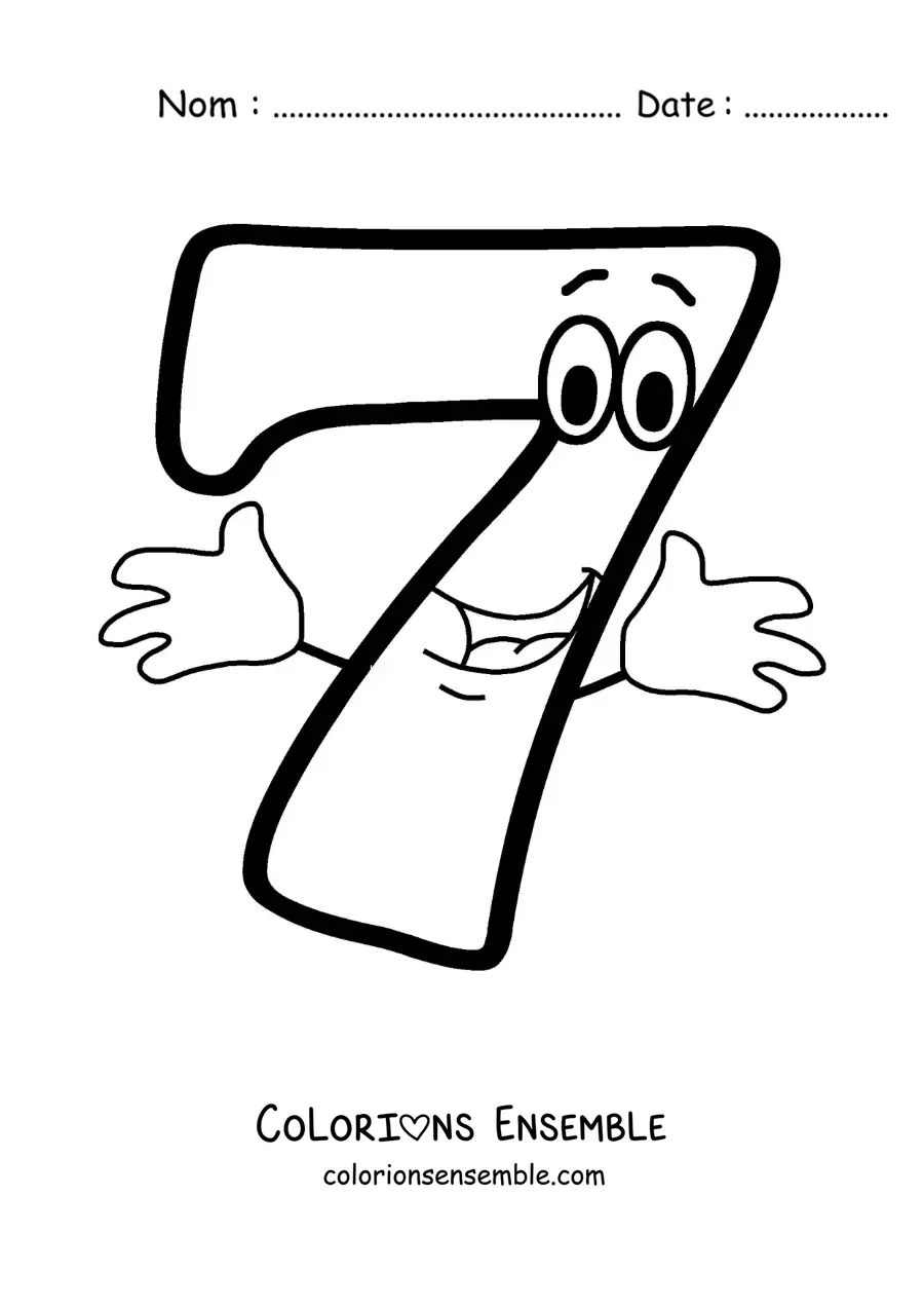 Image à colorier du chiffre 7 animé en train de danser pour les enfants
