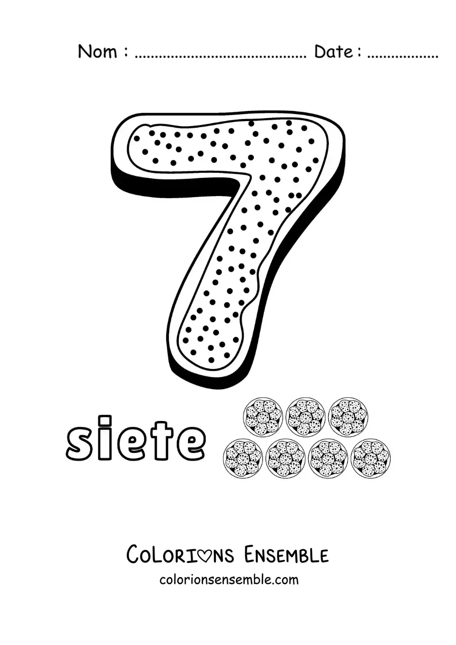Image à colorier du chiffre 7 animé en forme de biscuit avec des objets à compter
