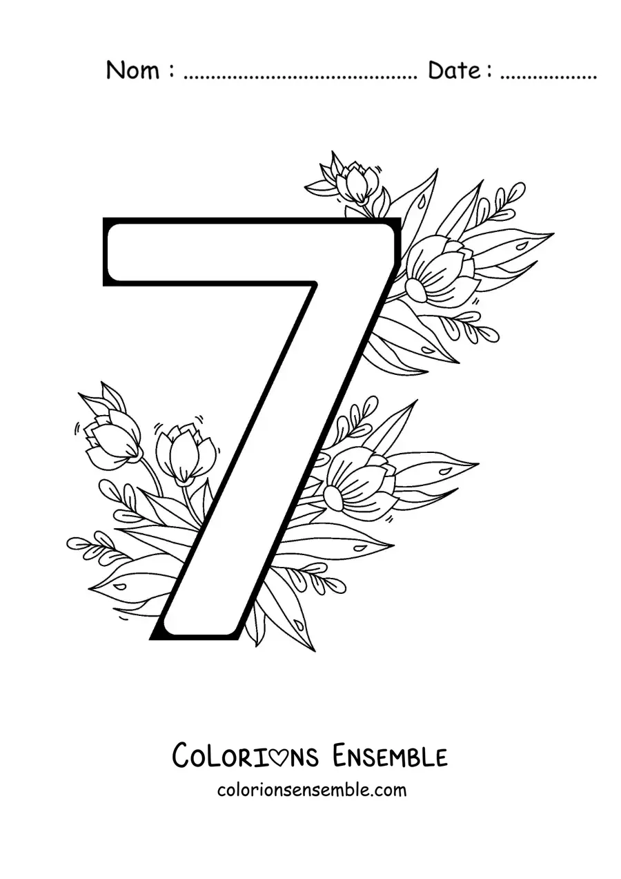 Image à colorier du chiffre 7 décoré de fleurs