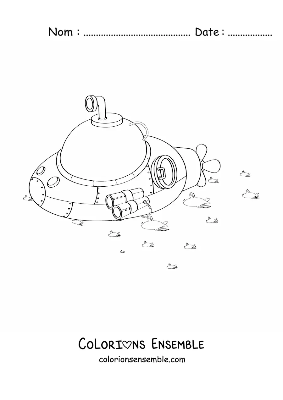 Image à colorier d'un sous-marin rond entouré de plusieurs poissons