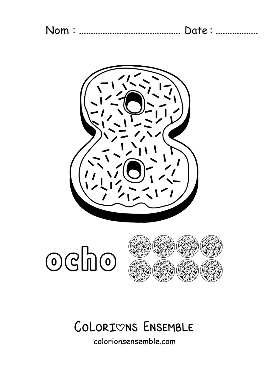 Image à colorier du chiffre 8 animé en forme de biscuit avec des objets à compter