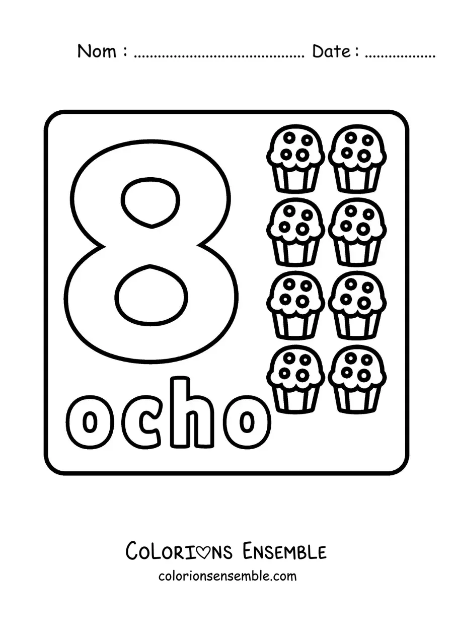 Image à colorier du chiffre 8 avec des objets pour apprendre à compter
