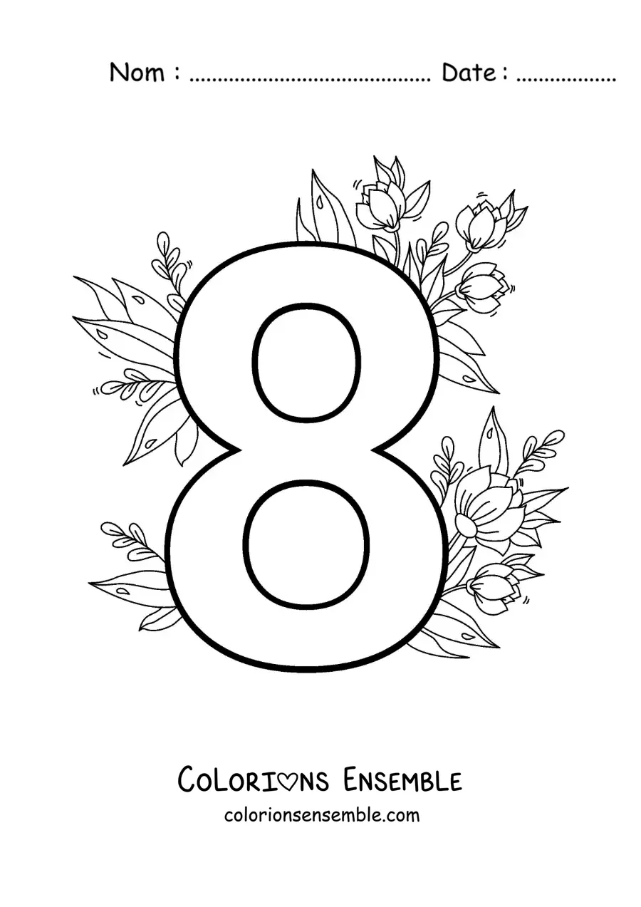 Image à colorier du chiffre 8 décoré de fleurs
