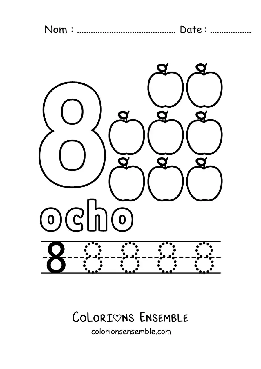Image à colorier du chiffre 8 avec des objets pour apprendre à compter et à tracer