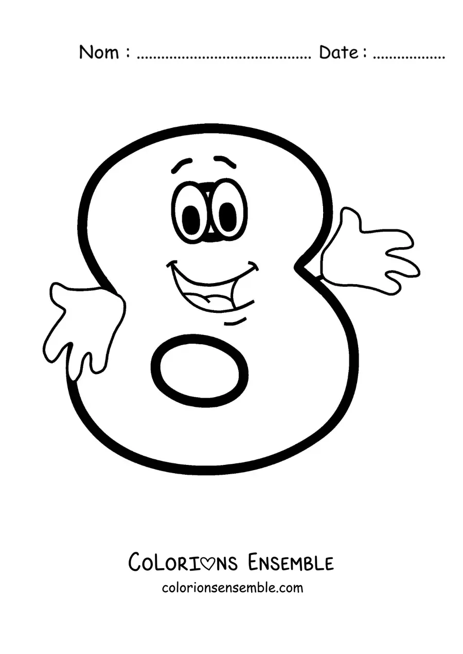 Image à colorier du chiffre 8 animé qui danse pour les enfants
