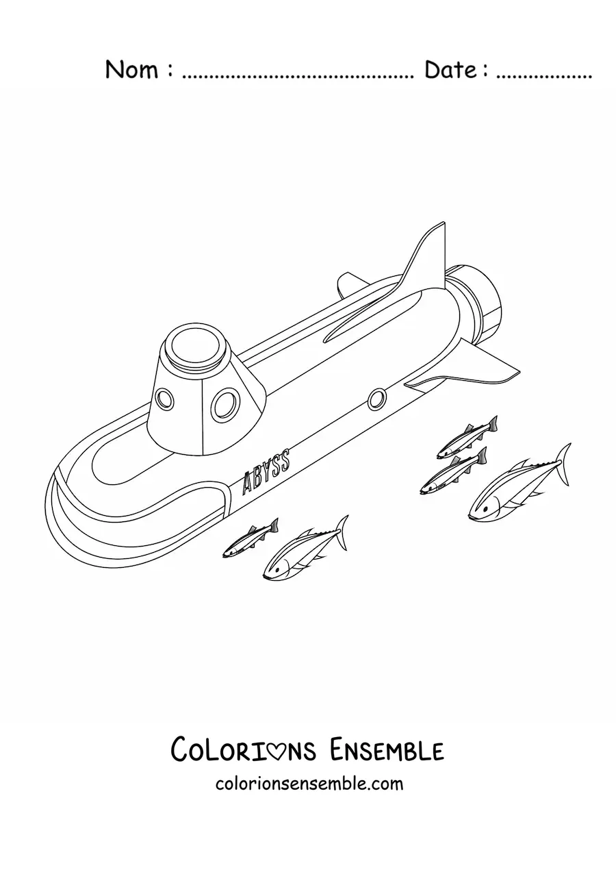 Image à colorier d'un sous-marin allongé entouré de plusieurs poissons