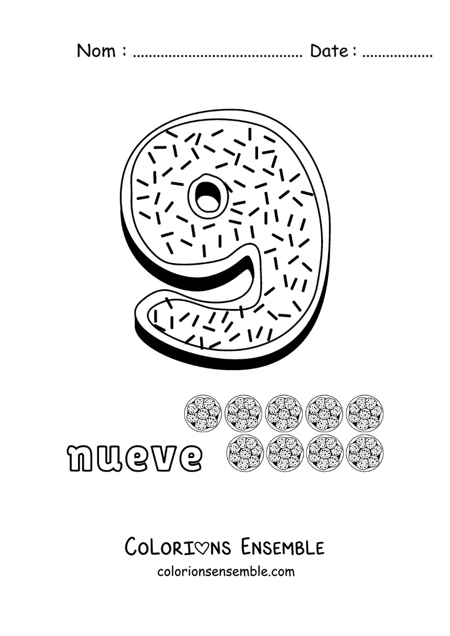 Image à colorier du grand chiffre 9 pour les enfants de maternelle