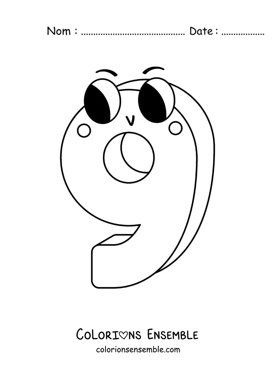 Image à colorier du chiffre 9 animé pour les enfants
