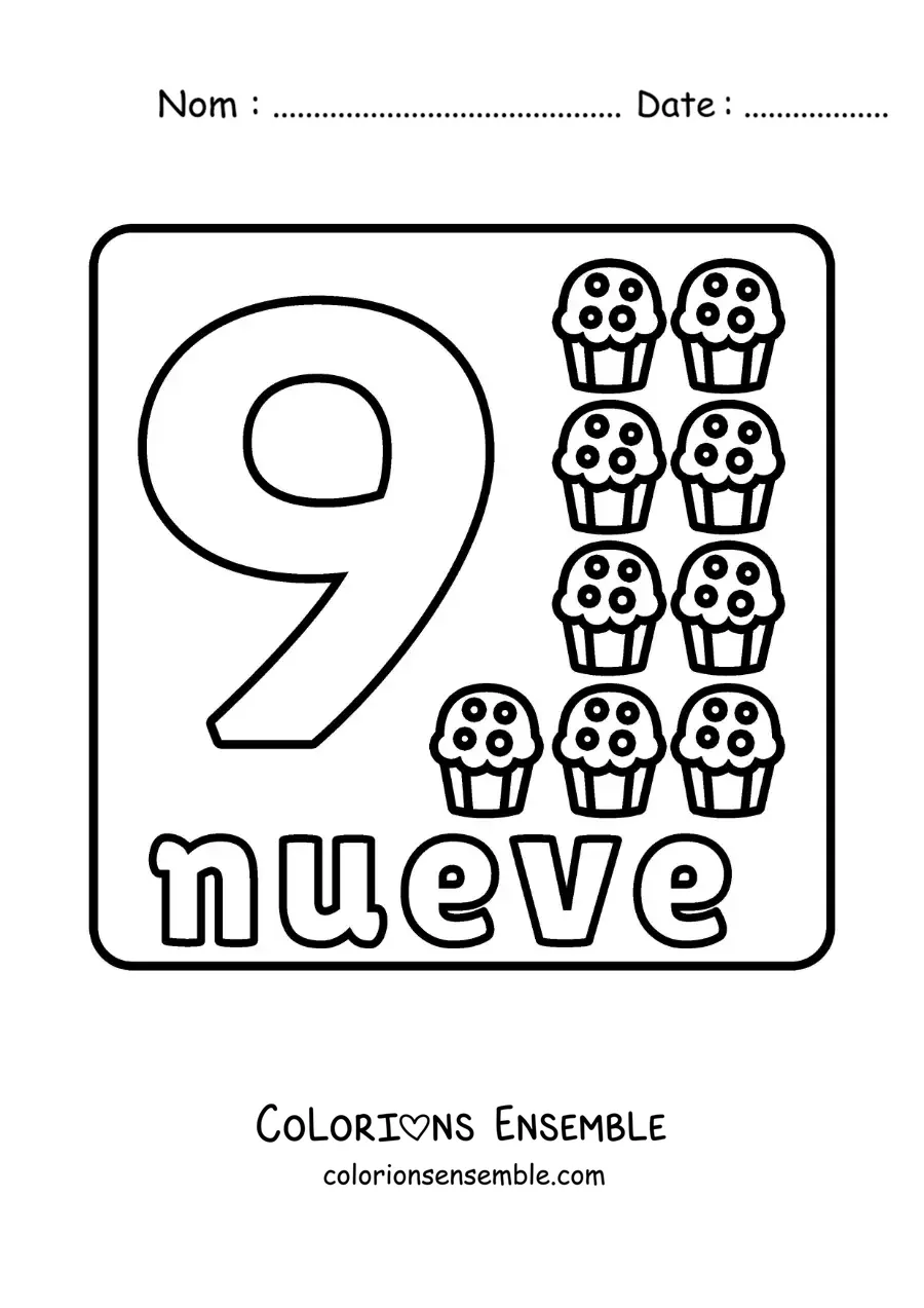 Image à colorier du chiffre 9 avec des objets pour apprendre à compter