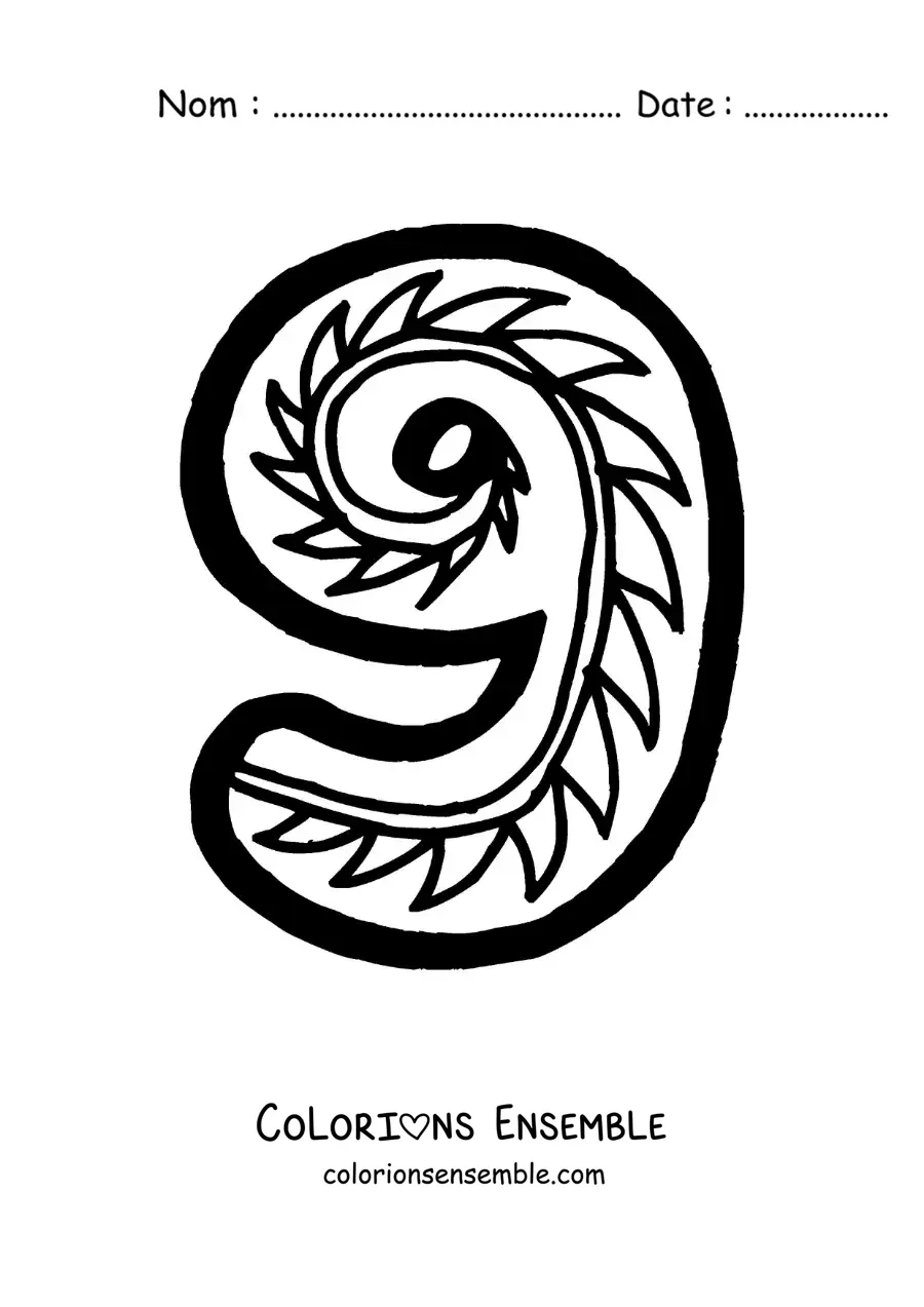 Image à colorier du grand chiffre 9 pour les enfants de maternelle