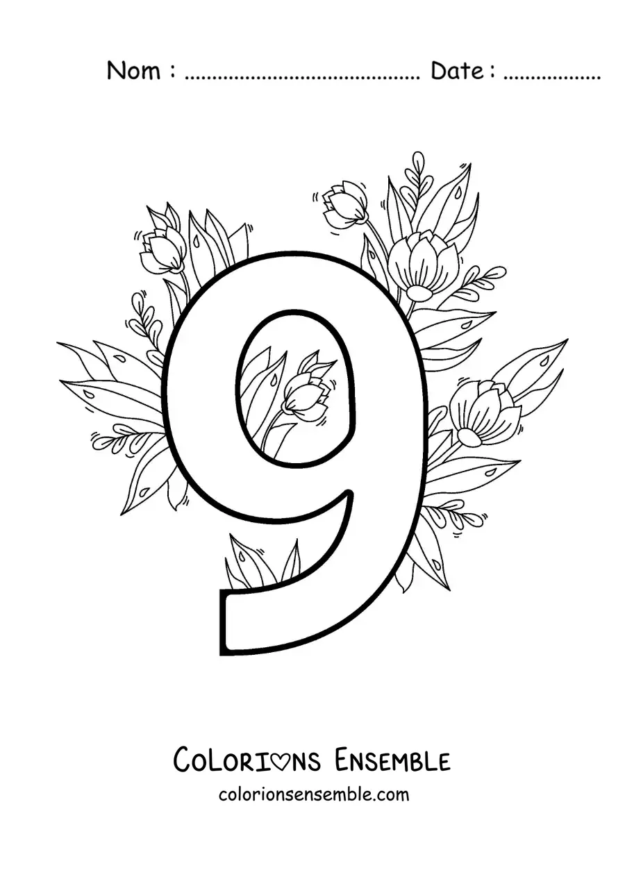 Image à colorier du chiffre 9 décoré de fleurs
