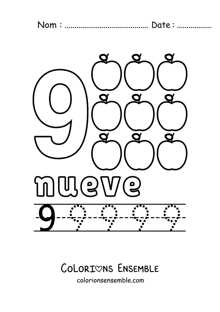 Image à colorier du chiffre 9 avec des objets pour apprendre à compter et à tracer