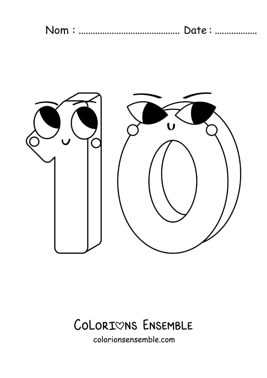 Image à colorier du chiffre 10 animé pour les enfants