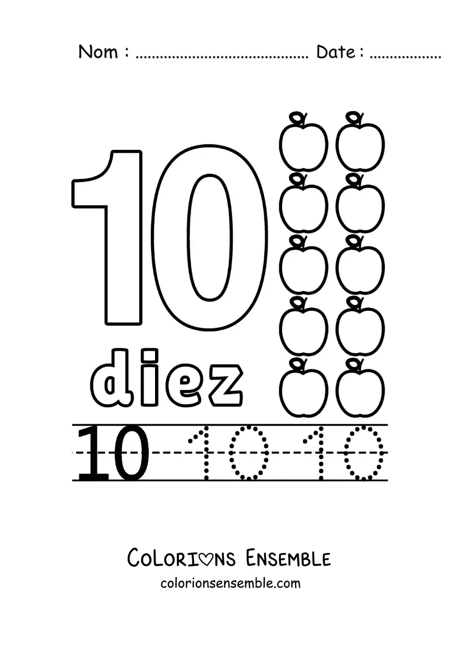 Image à colorier du chiffre 10 avec des objets pour apprendre à compter et à tracer