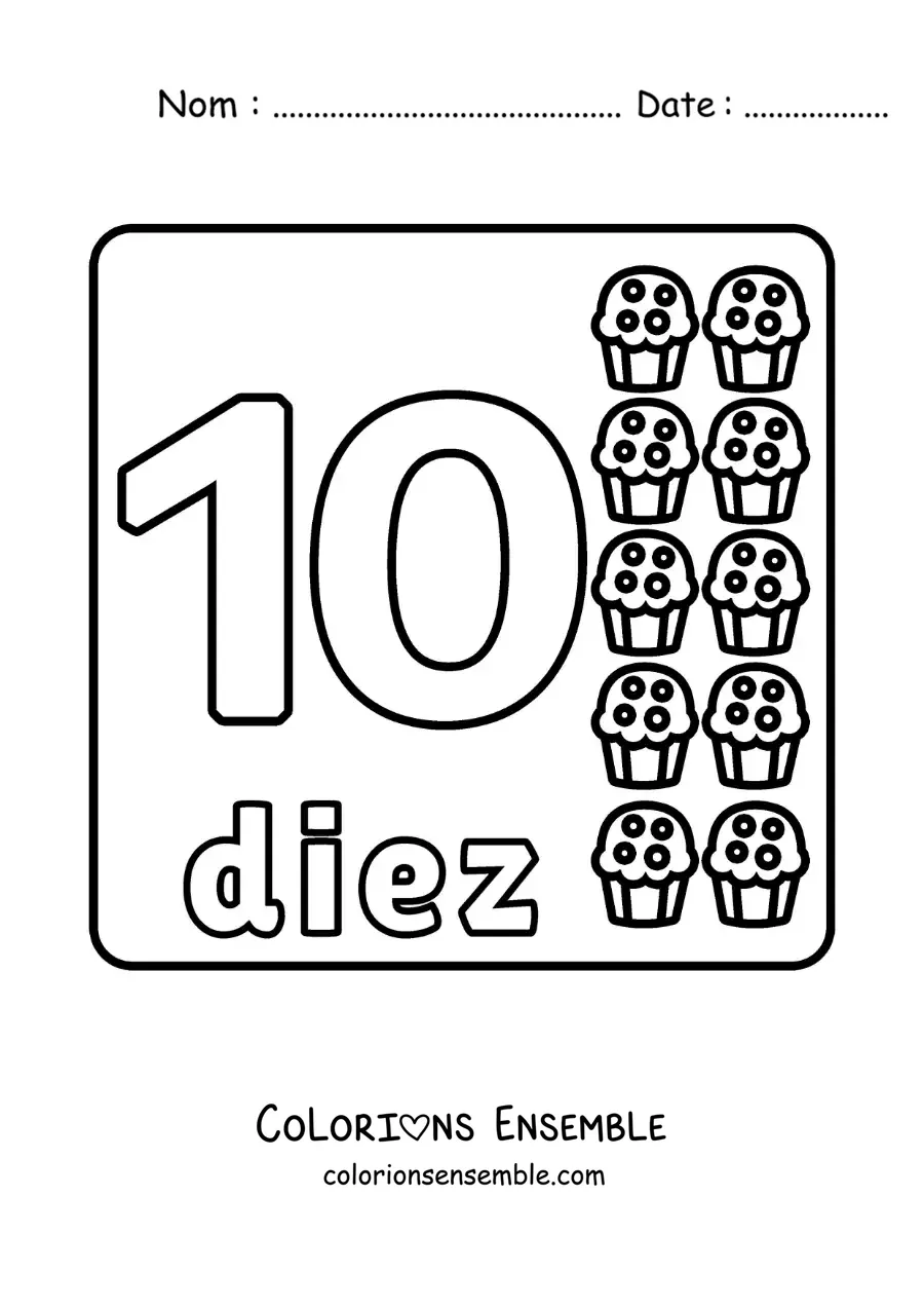 Image à colorier du chiffre 10 avec des objets pour apprendre à compter