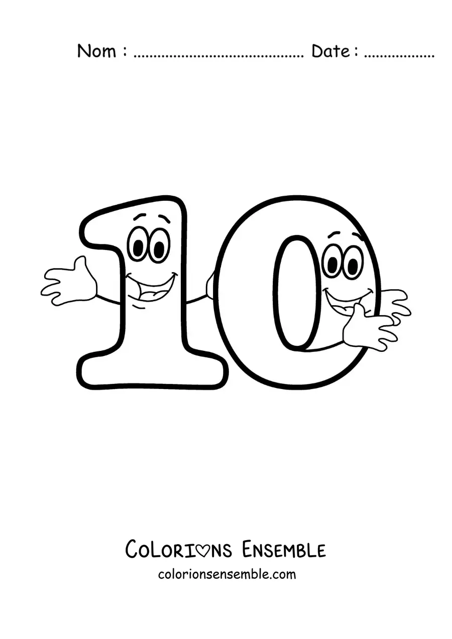 Image à colorier du chiffre 10 animé qui danse pour les enfants