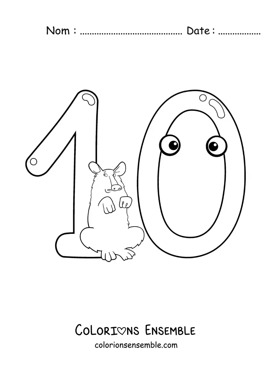 Image à colorier du chiffre 10 animé et amusant