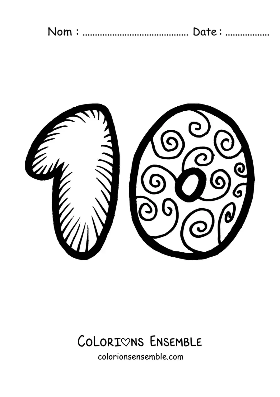 Image à colorier du grand chiffre 10 pour les enfants de maternelle