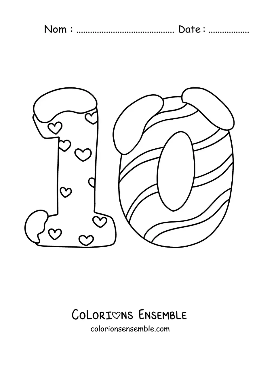 Image à colorier du chiffre 10 décoré pour les enfants