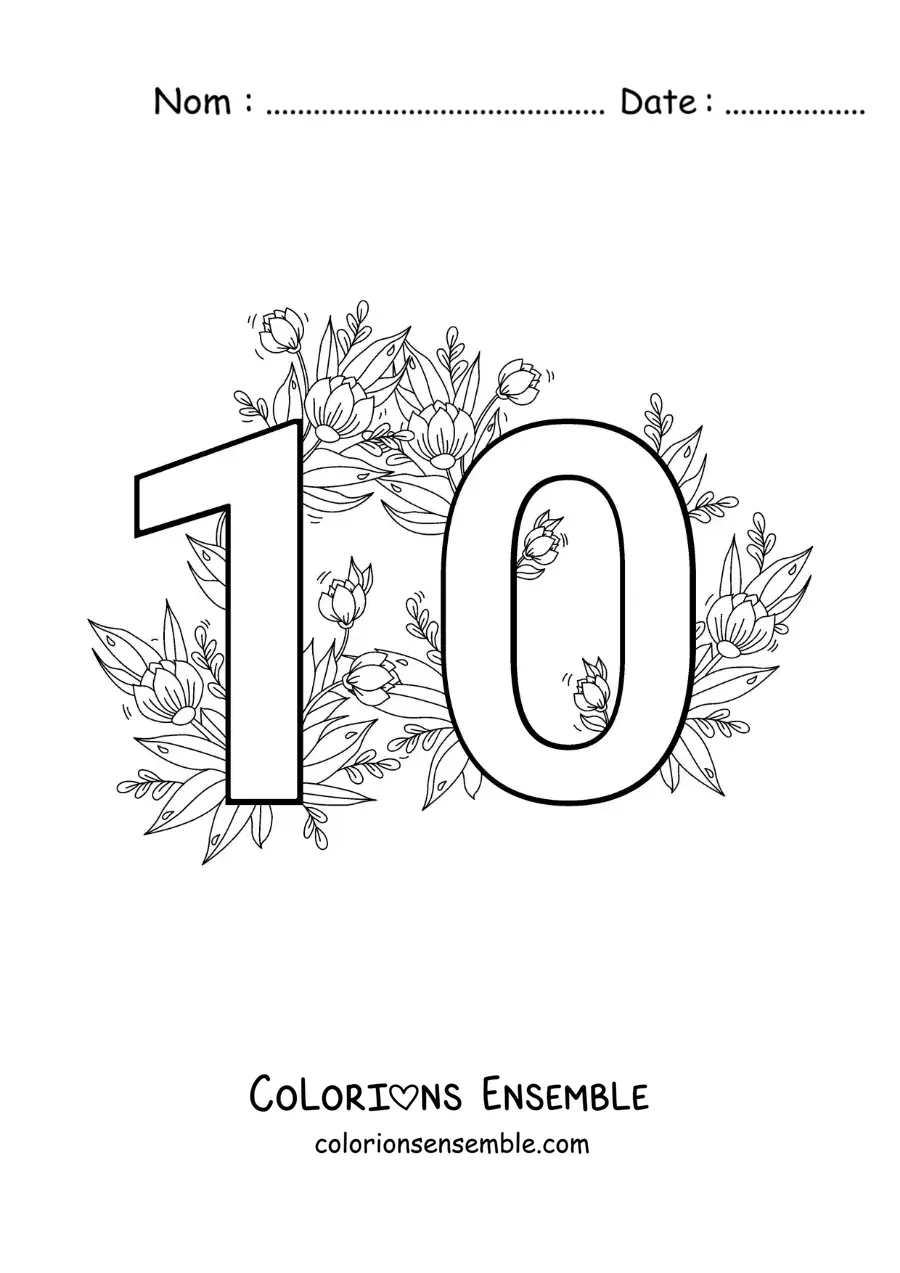 Image à colorier du chiffre 10 décoré de fleurs