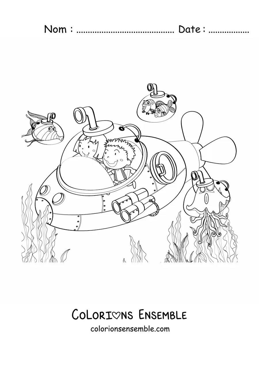 Image à colorier de deux enfants dans un sous-marin avec des poissons animés