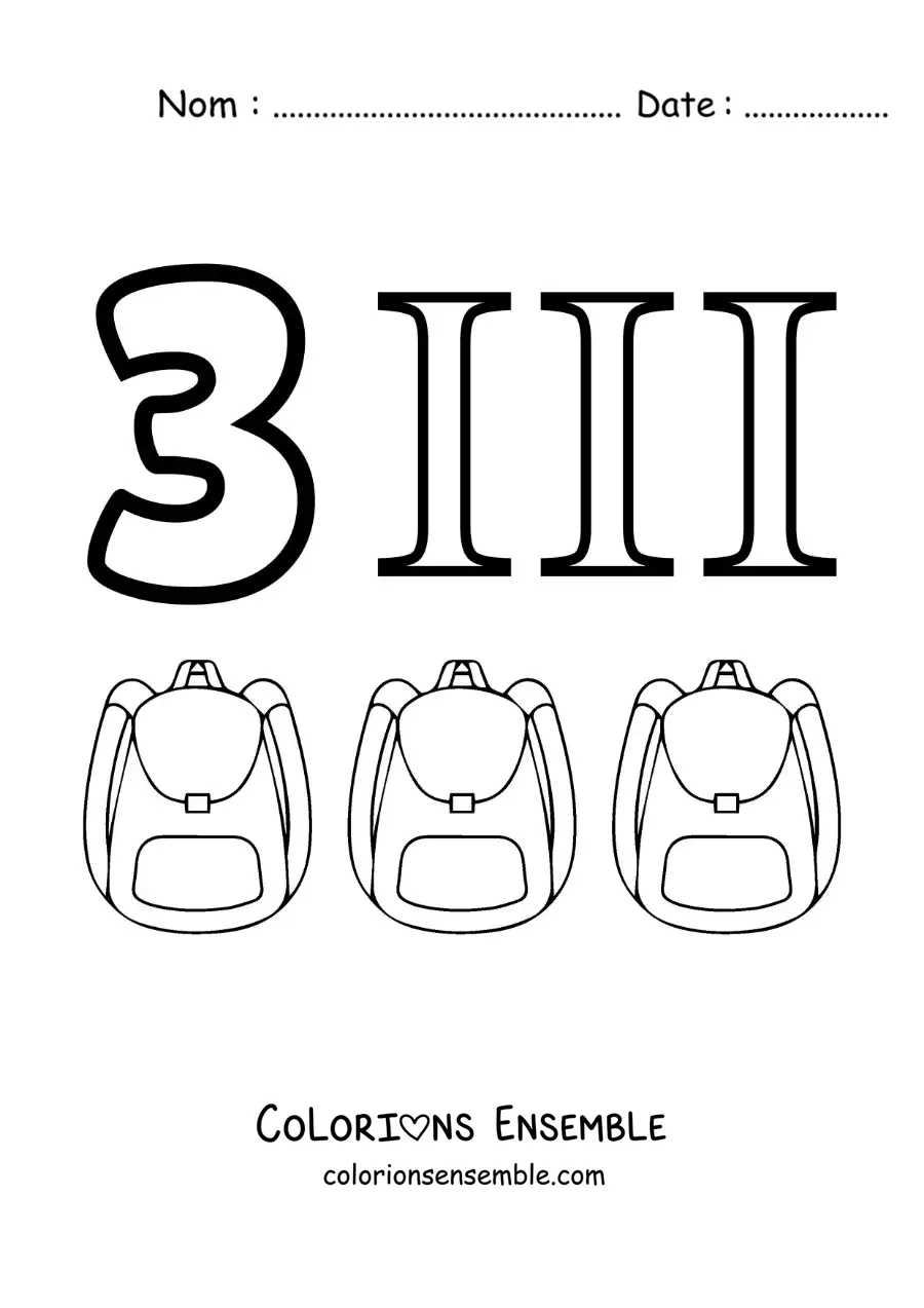 Image à colorier de la fiche du chiffre 3 en chiffres romains avec des dessins animés