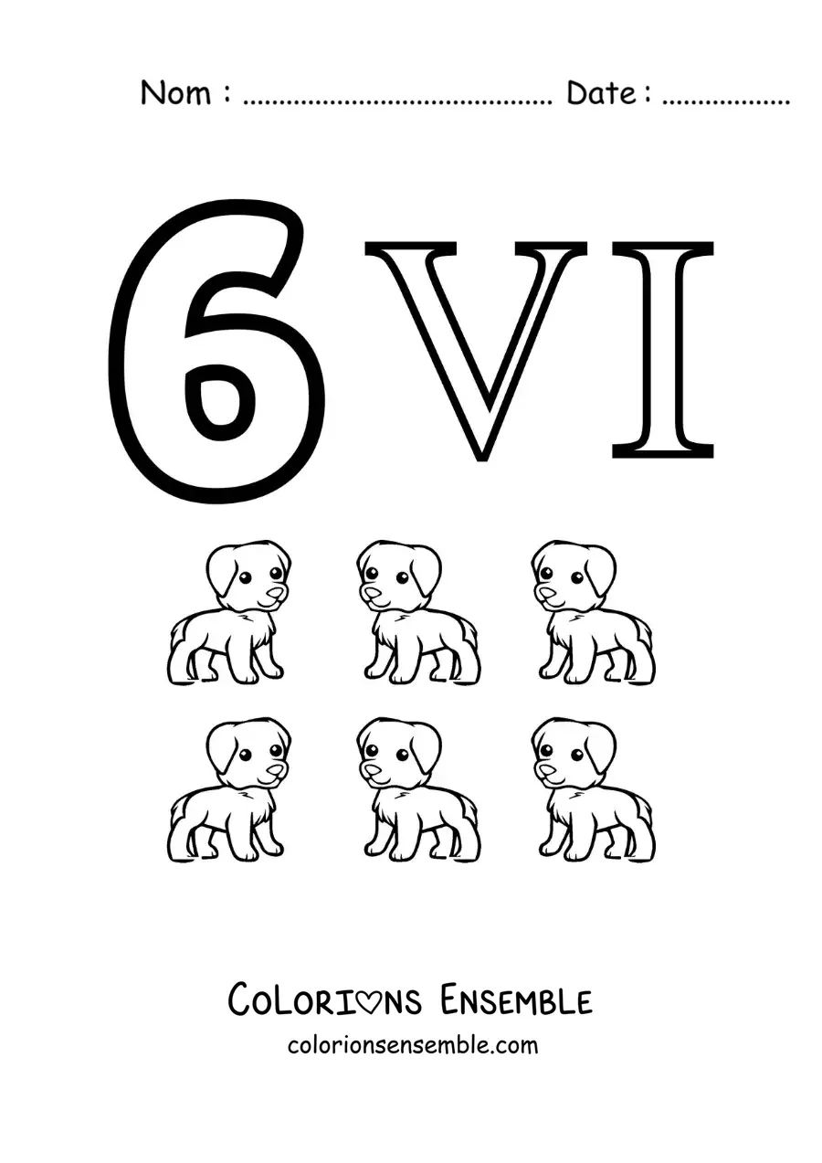 Image à colorier de la fiche du chiffre 6 en chiffres romains avec des dessins animés