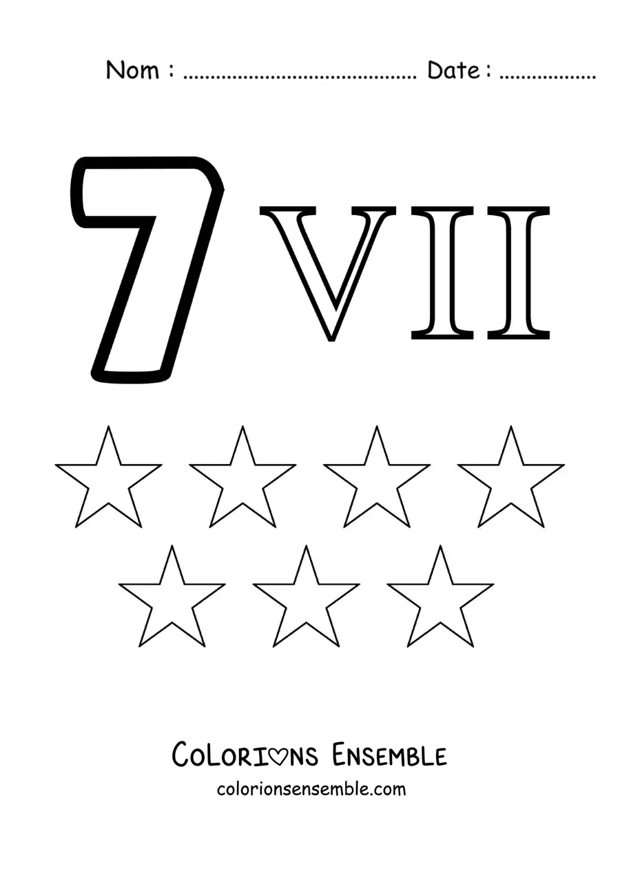 Image à colorier de la fiche du chiffre 7 en chiffres romains avec des dessins animés